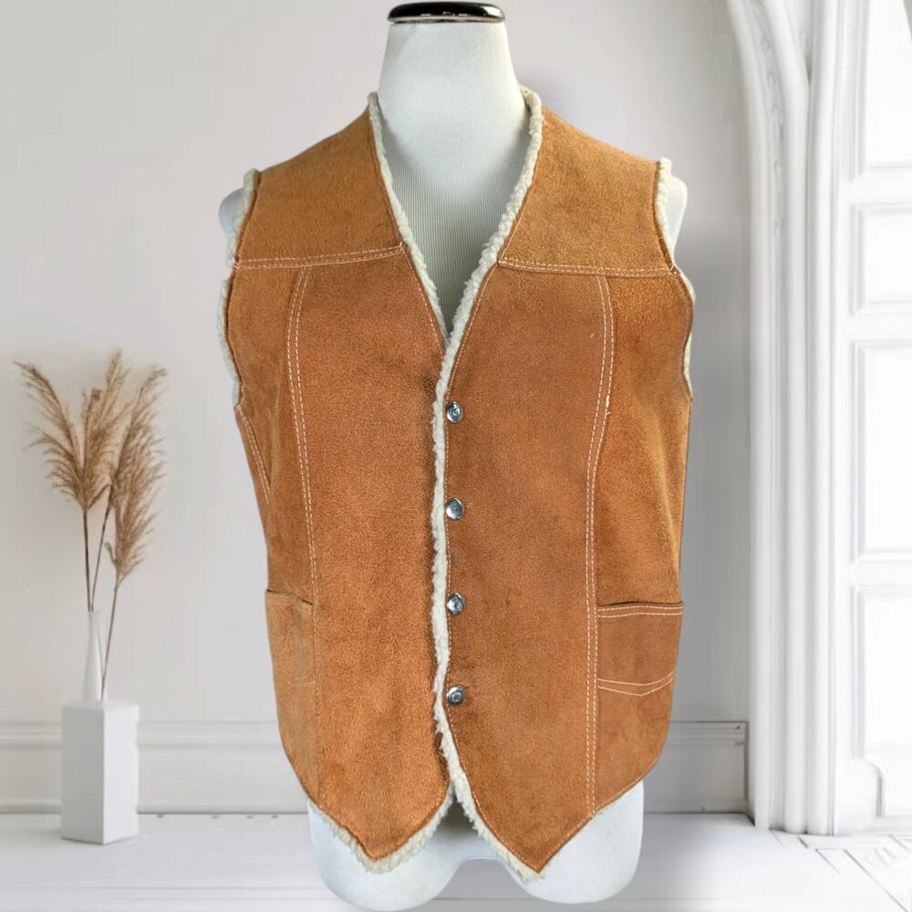 Vintage 70s Sherpa Lined Suede Leather Vest XS Snap Front Rancher Mexico